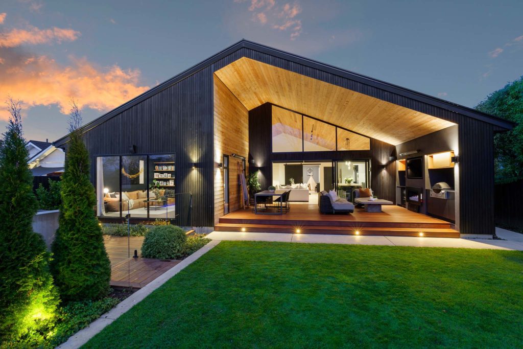 Modern architectural home in Christchurch with gable roof. Built by R&B Build